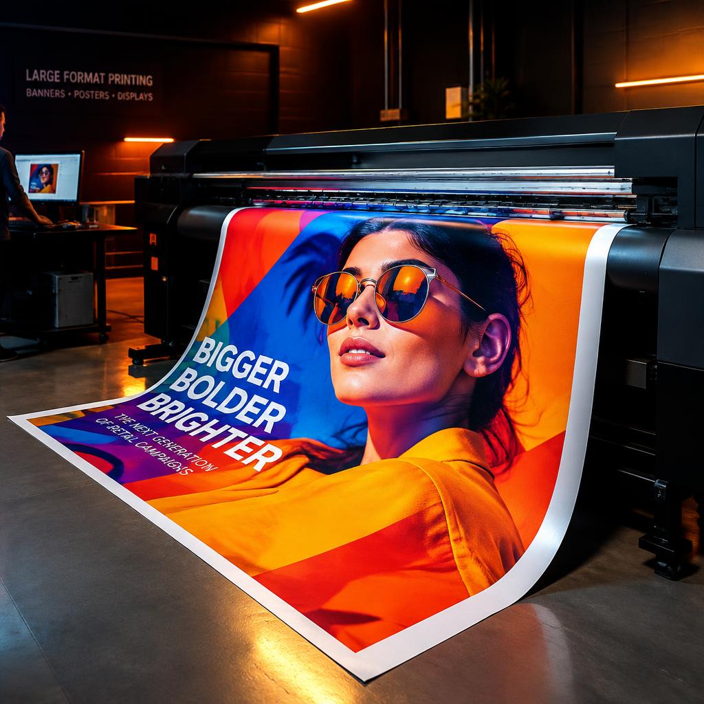 Large-format printer producing a vibrant retail campaign banner