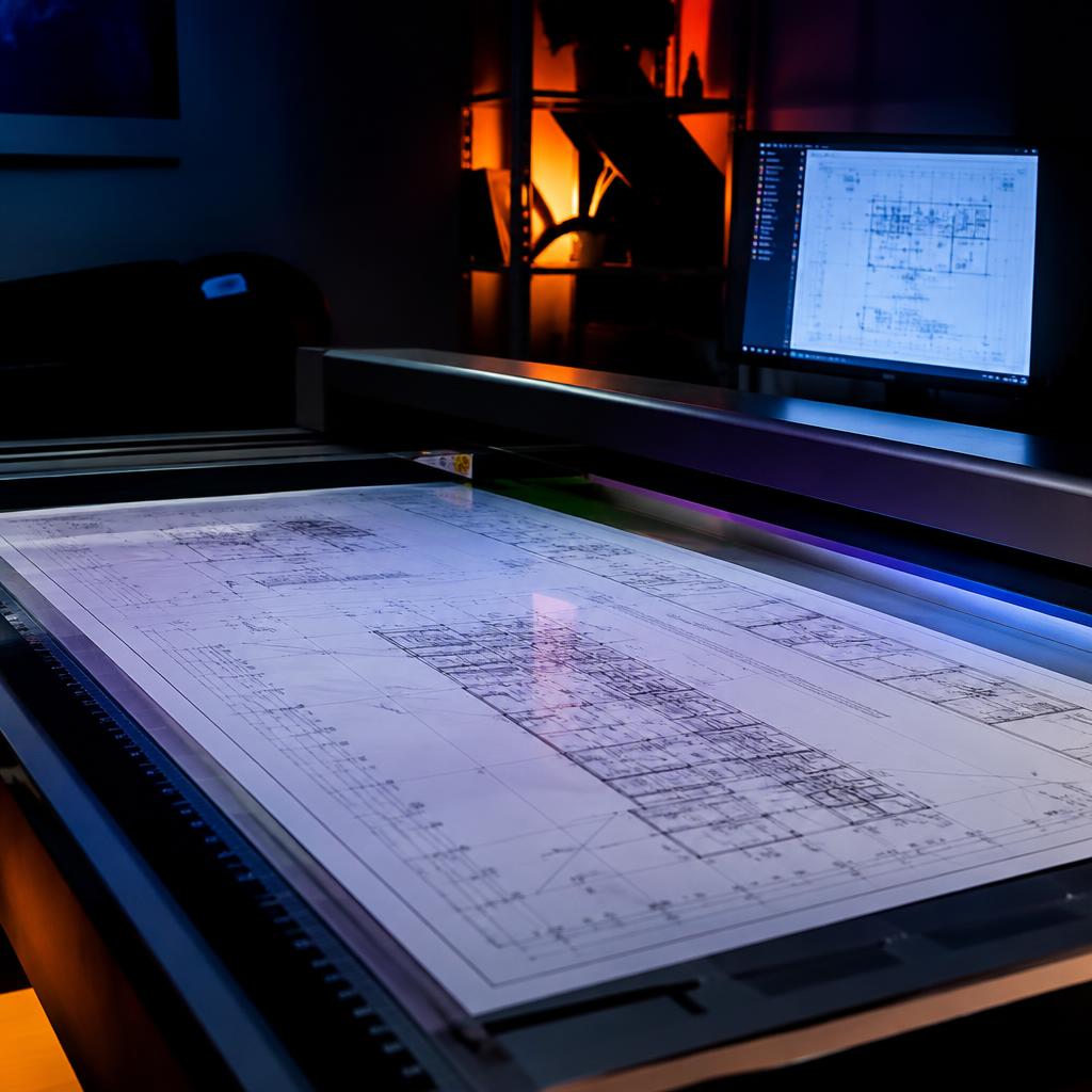 Large architectural drawing being scanned on a flatbed scanner