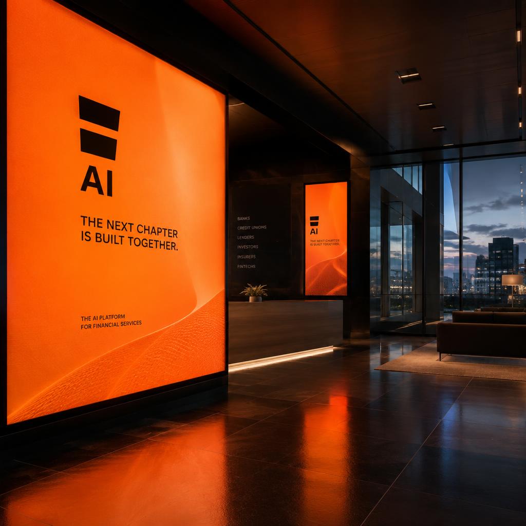 Digital signage displays in a modern office lobby